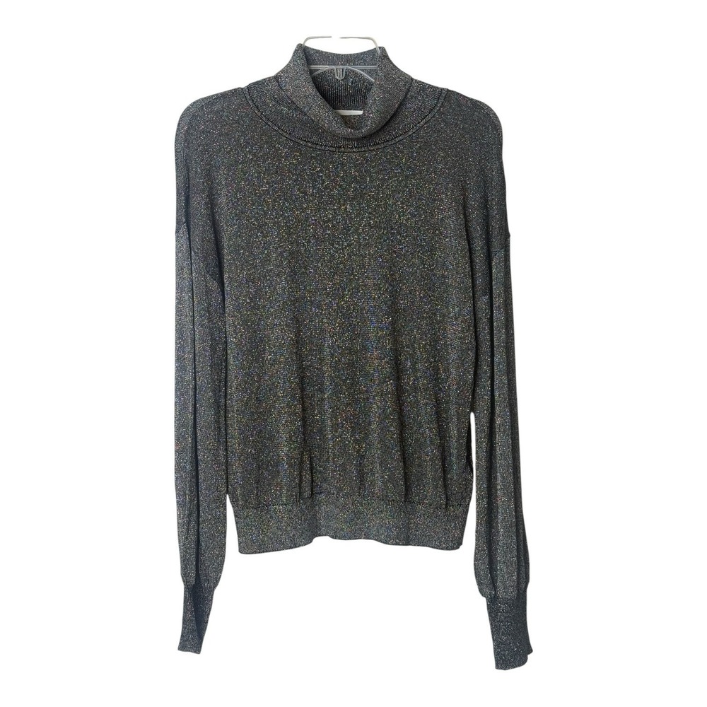 Adyson Parker Women Medium Sweater Black Silver Metallic Turtle Neck Long Sleeve